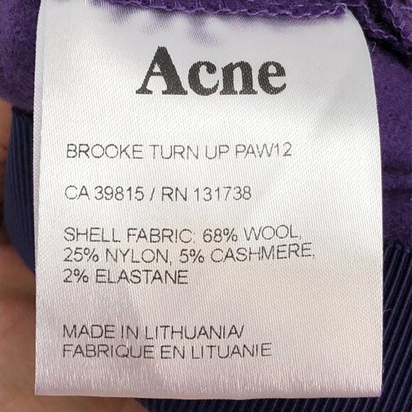 Acne Purple Brooke Turn Up Trousers Cropped Slim Low waist Cashmere Blend 34 = 2 - Picture 12 of 15